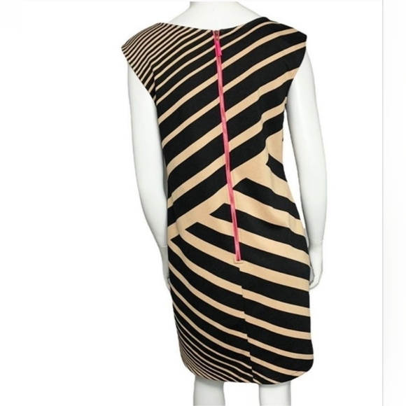 LOFT Size 10 Sleeveless Striped Sheath Dress | Black Tan with Pink Zipper - Picture 2 of 4